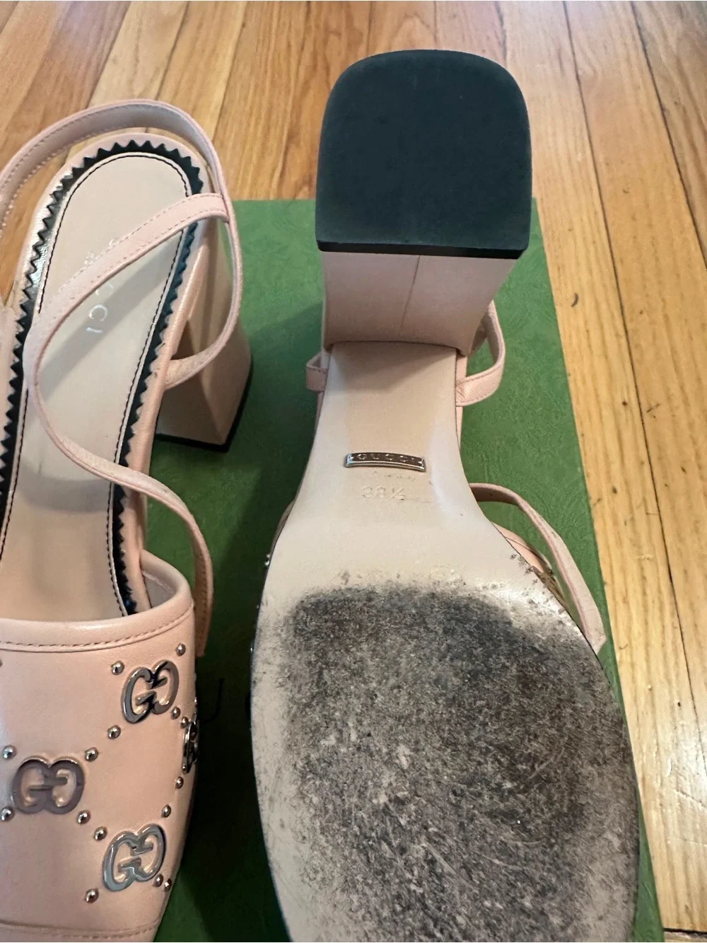 Gucci Blush Pink Platform Slingback Sandals with Interlocking G Studs
